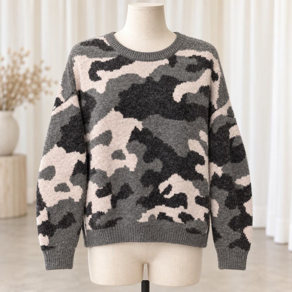 Lucky Brand Sweater Large Gray Camo Wool Blend Fuzzy Knit Crewneck Pullover